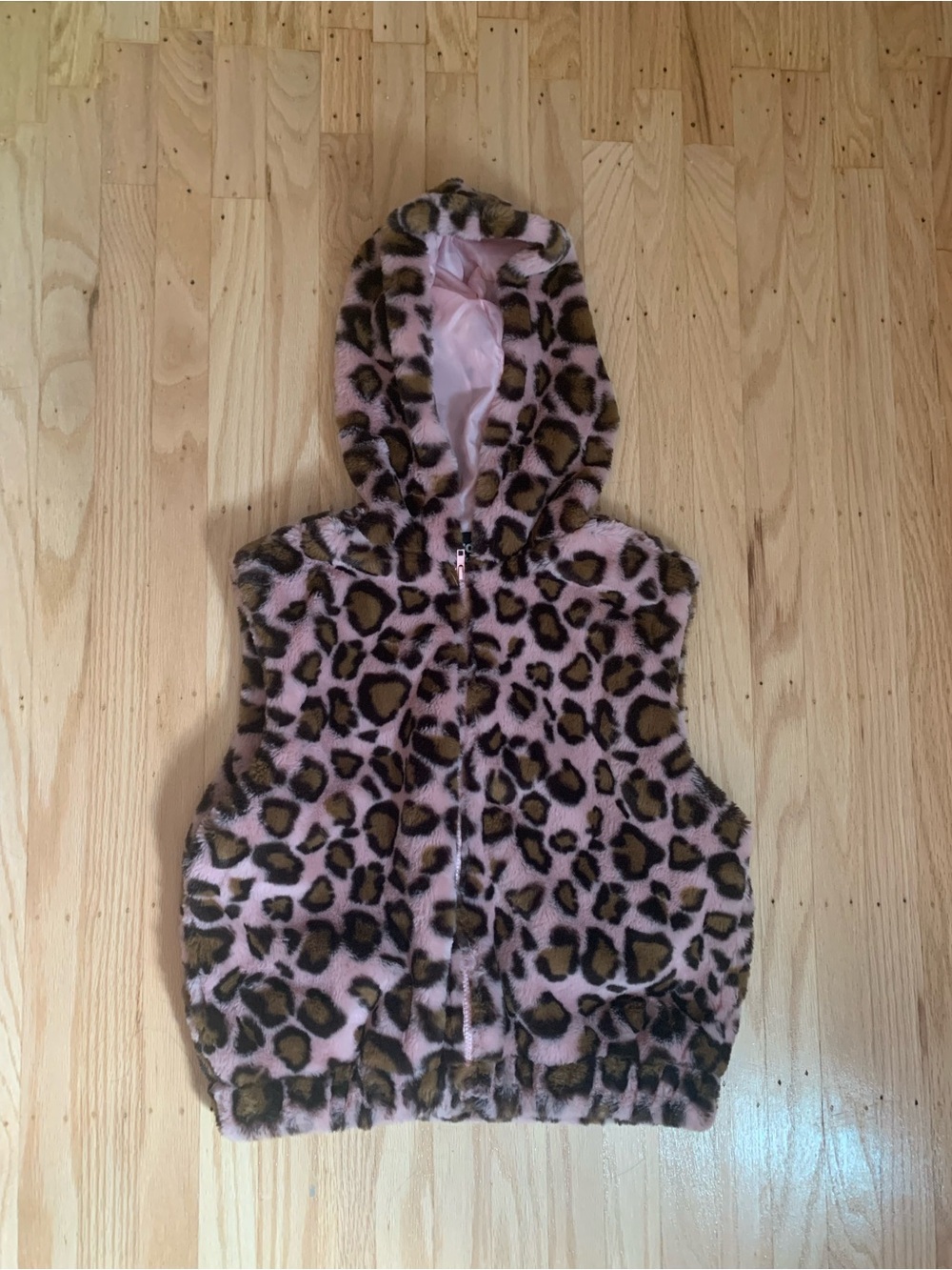 Pink leopard print faux fur vest with hood